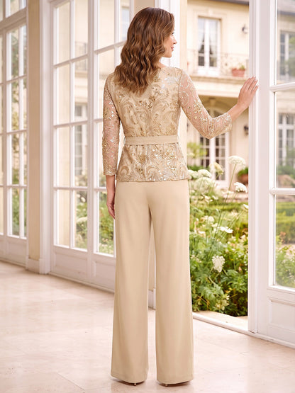 Jumpsuits Scoop 3/4 Sleeves  Floor-Length Mother of the Bride Dresses with Sequins & Belt