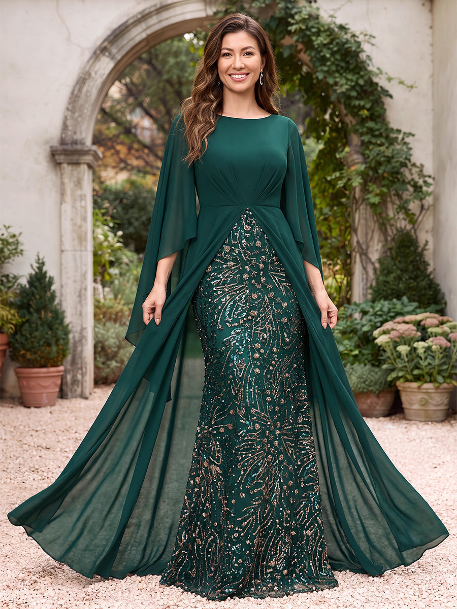 Sheath/Column Scoop 3/4 Sleeves Chiffon Floor-Length Mother of the Bride Dresses with Overskirt & Appliques