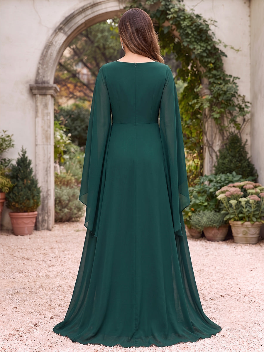 Sheath/Column Scoop 3/4 Sleeves Chiffon Floor-Length Mother of the Bride Dresses with Overskirt & Appliques