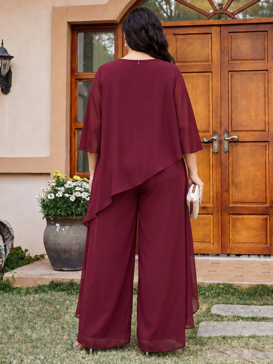 Jumpsuits Scoop Half Sleeves Sequin Ankle-Length Plus Size Mother of the Bride Dresses with Sequins & Ruffles