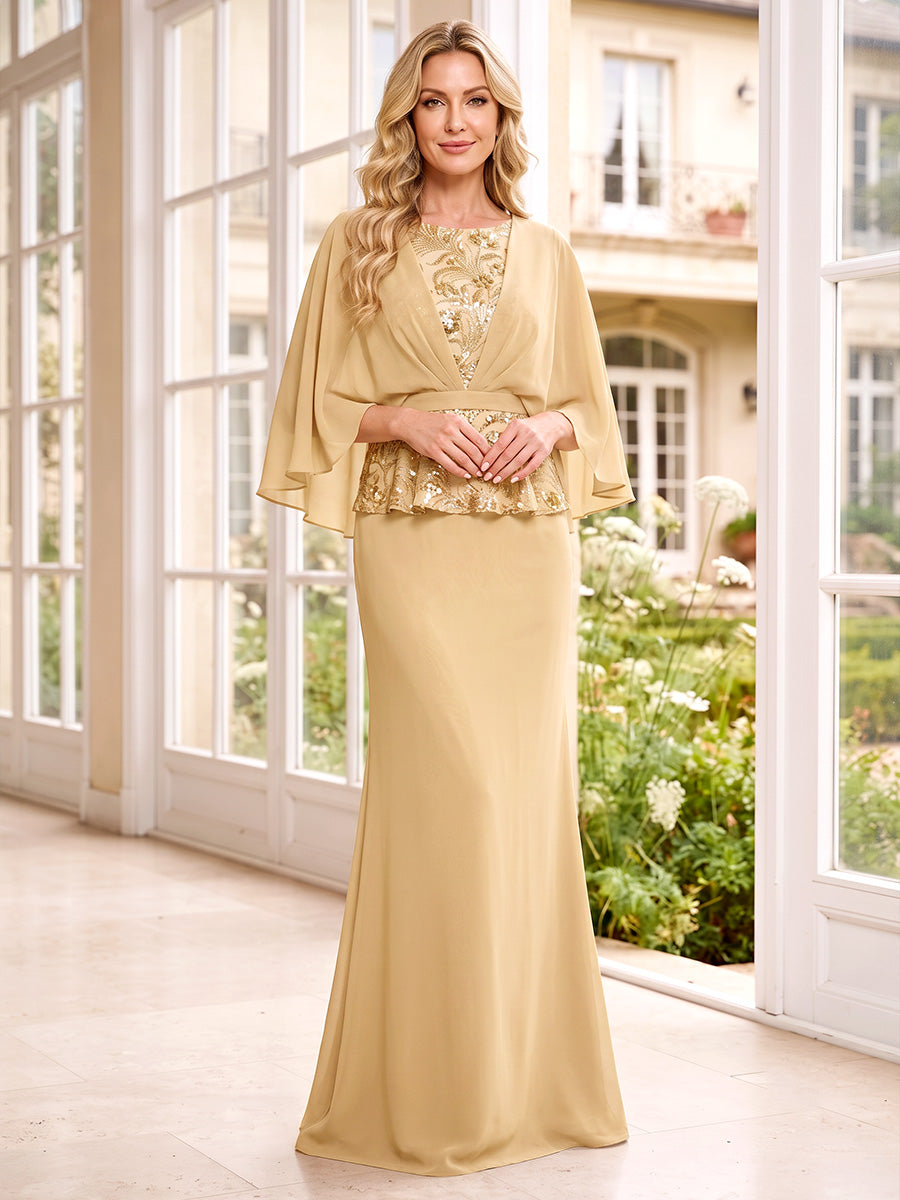 A-Line/Princess Scoop Half Sleeves Chiffon Floor-Length Mother of the Bride Dresses with Sequins & Ruffles