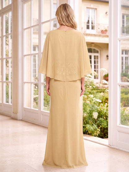 A-Line/Princess Scoop Half Sleeves Chiffon Floor-Length Mother of the Bride Dresses with Sequins & Ruffles