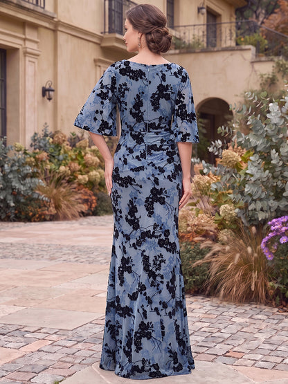 Sheath/Column Scoop Half Sleeves Velvet Floor-Length Mother of the Bride Dresses with Floral Printed