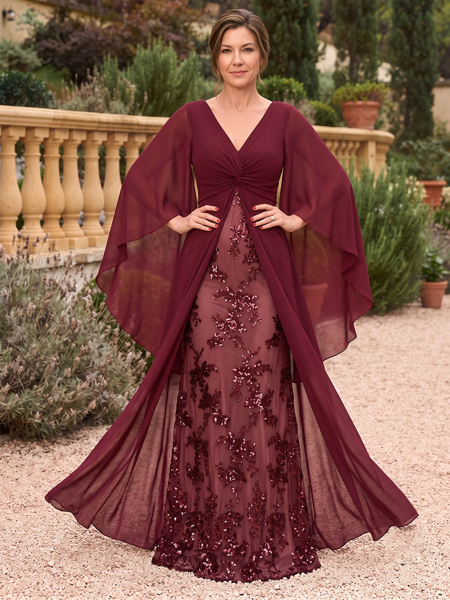 A-Line/Princess  V-Neck  3/4 Sleeves  Chiffon  Floor-Length  Mother of the Bride Dresses  with Sequins & Overskirt