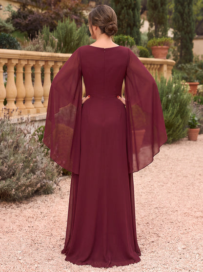 A-Line/Princess  V-Neck  3/4 Sleeves  Chiffon  Floor-Length  Mother of the Bride Dresses  with Sequins & Overskirt