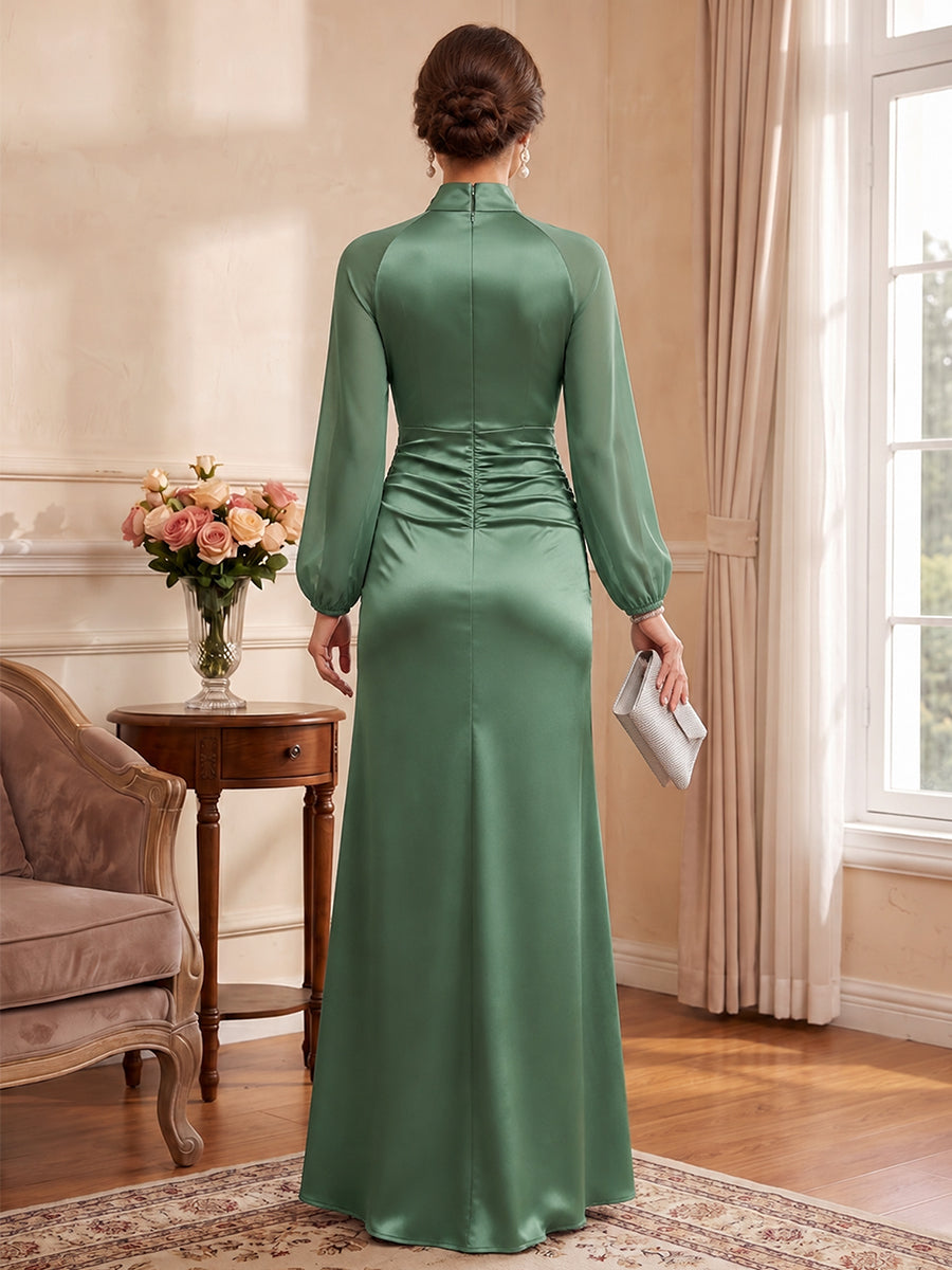 A-Line/Princess High Neck Long Sleeves Satin Floor-Length Mother of the Bride Dresses with Pleats