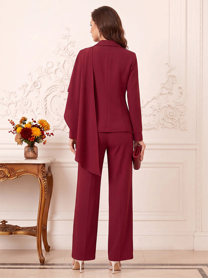 Jumpsuits  V-Neck  Long Sleeves  Stretch Satin  Ankle-Length  Mother of the Bride Dresses  with Cape