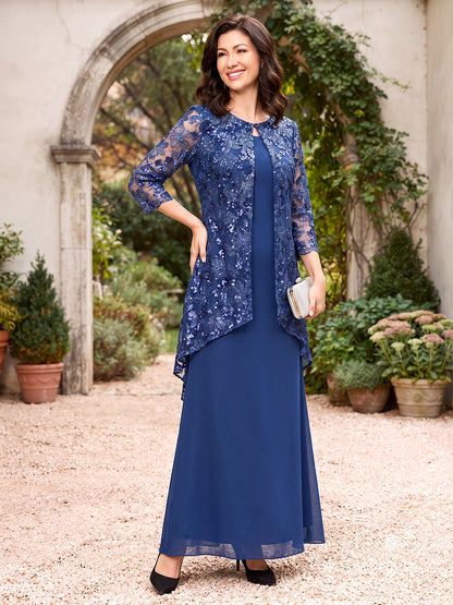 Sheath/Column Scoop 3/4 Sleeves Chiffon Floor-Length Mother of the Bride Dresses with Jacket & Applique