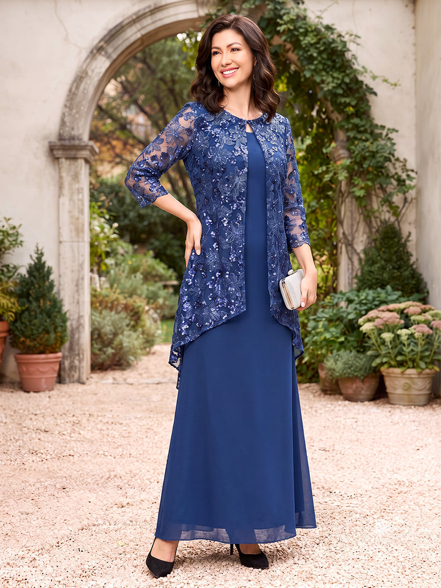 Sheath/Column Scoop 3/4 Sleeves Chiffon Floor-Length Mother of the Bride Dresses with Jacket & Applique