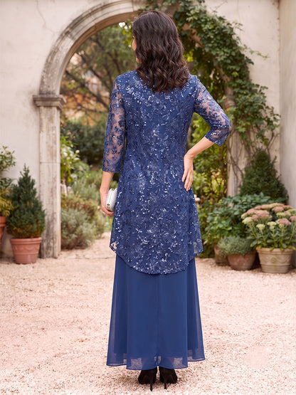Sheath/Column Scoop 3/4 Sleeves Chiffon Floor-Length Mother of the Bride Dresses with Jacket & Applique