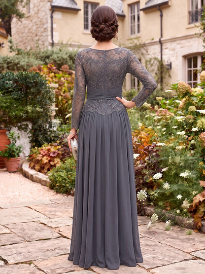 A-Line/Princess  Scoop  Long Sleeves  Chiffon  Floor-Length  Mother of the Bride Dresses  with Applique&Ruffles