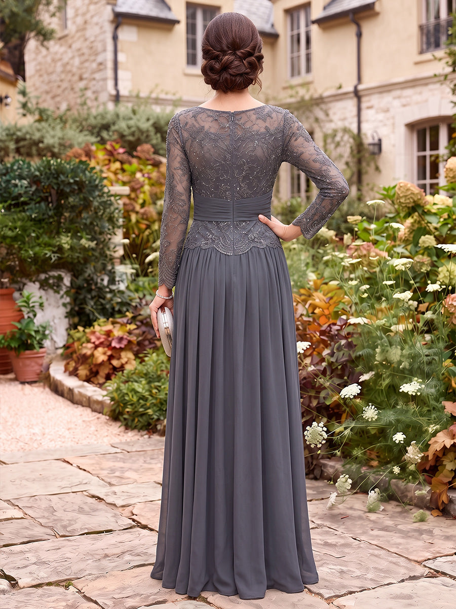 A-Line/Princess  Scoop  Long Sleeves  Chiffon  Floor-Length  Mother of the Bride Dresses  with Applique&Ruffles