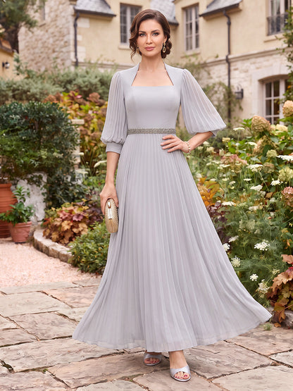 A-Line/Princess  Square Neck  Half Sleeves  Chiffon  Ankle-Length  Mother of the Bride Dresses  with Belt & Pleats