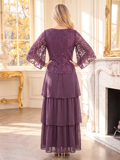 A-Line/Princess Scoop 3/4 Sleeves Chiffon Ankle-Length Mother of the Bride Dresses with Applique & Sequins