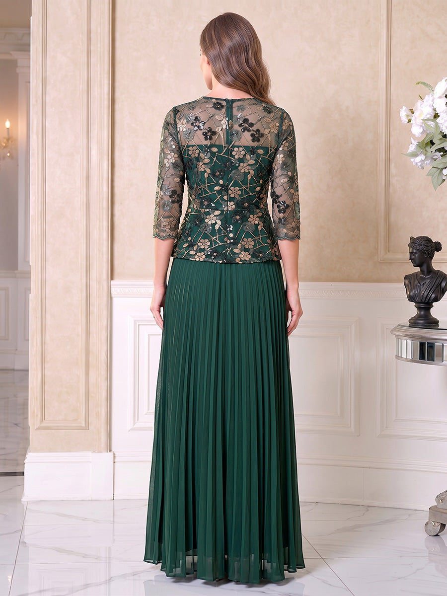 A-Line/Princess Scoop 3/4 Sleeves Chiffon Floor-Length Mother of the Bride Dresses with Appliques & Pleats