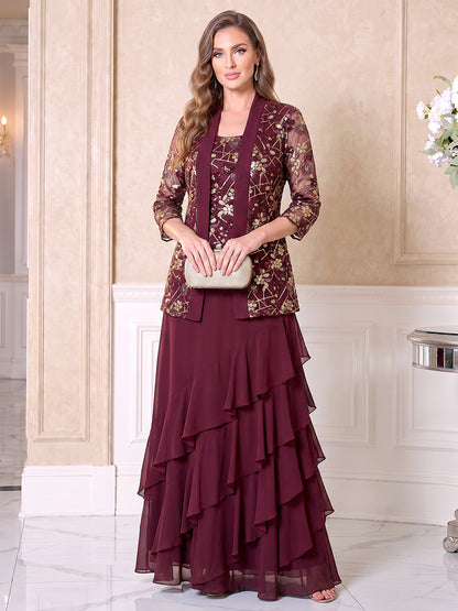 A-Line/Princess Scoop 3/4 Sleeves Chiffon Floor-Length Mother of the Bride Dresses with Appliques & Tiered