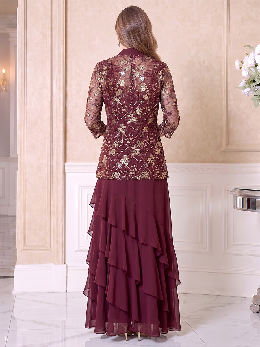A-Line/Princess Scoop 3/4 Sleeves Chiffon Floor-Length Mother of the Bride Dresses with Appliques & Tiered