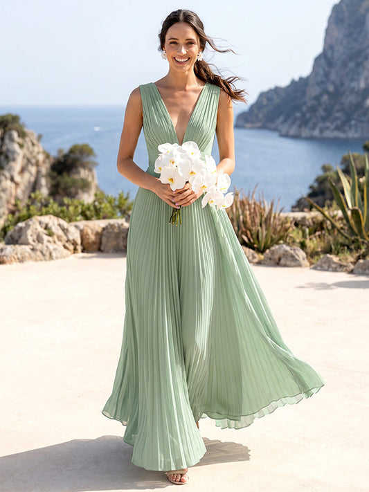 A-Line/Princess V-Neck Sleeveless Floor-Length Bridesmaid Dresses With Pleats