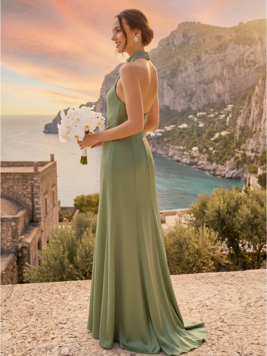 A-Line/Princess Halter Sleeveless Floor-Length Bridesmaid Dresses with – Lavetir UK