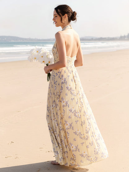 A-Line/Princess Sleeveless Halter Floor-Length Bridesmaid Dresses with Pleats