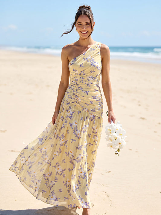 A-Line/Princess One-Shoulder Sleeveless Floor-Length Bridesmaid Dresses with Ruched