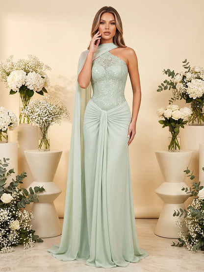 A-Line/Princess Scarf Neck One-Shoulder Floor-Length Long Bridesmaid Dresses With Applique & Ruched