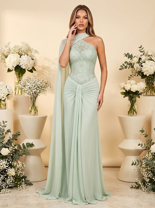 A-Line/Princess Scarf Neck One-Shoulder Floor-Length Long Bridesmaid Dresses With Applique & Ruched