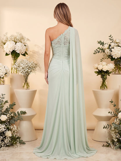 A-Line/Princess Scarf Neck One-Shoulder Floor-Length Long Bridesmaid Dresses With Applique & Ruched