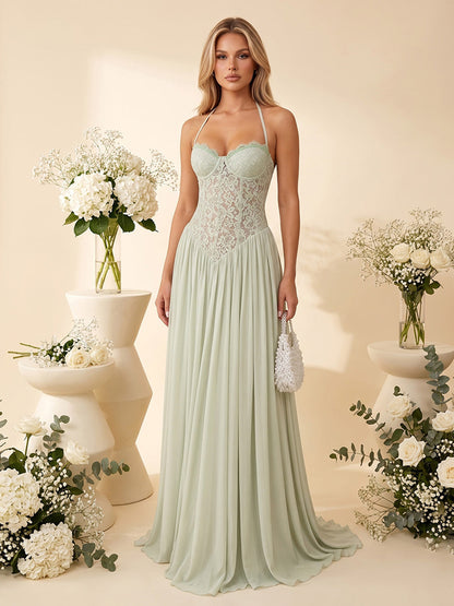 A-Line/Princess Halter Sleeveless Floor-Length Bridesmaid Dresses with Applique & Pleats