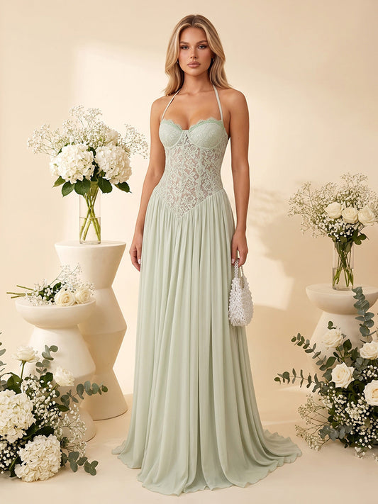 A-Line/Princess Halter Sleeveless Floor-Length Bridesmaid Dresses with Applique & Pleats