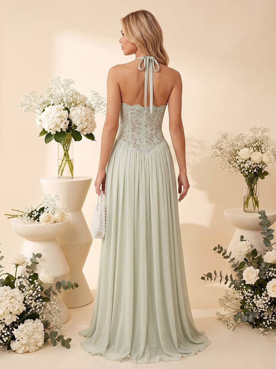 A-Line/Princess Halter Sleeveless Floor-Length Bridesmaid Dresses with Applique & Pleats