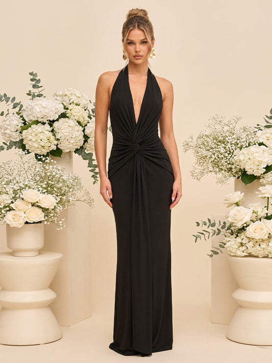 Sheath/Column Halter Sleeveless Floor-Length Bridesmaid Dresses with Ruched