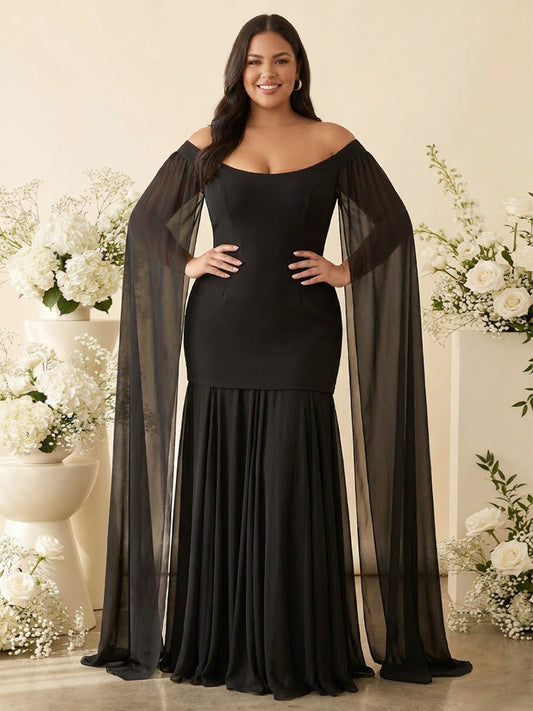 A-Line/Princess Off-the-Shoulder Floor-Length Plus Size Bridesmaid Dresses with Pleats