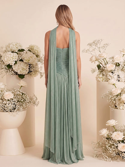A-Line/Princess Strapless Sleeveless Floor-Length Bridesmaid Dresses with Split Side & Pleats & Scarf
