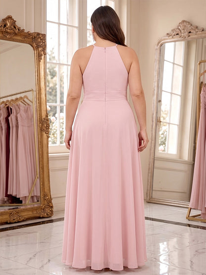 A-Line/Princess Halter Sleeveless Chiffon Floor-Length Plus Size Bridesmaid Dresses with Split Side & Pleats