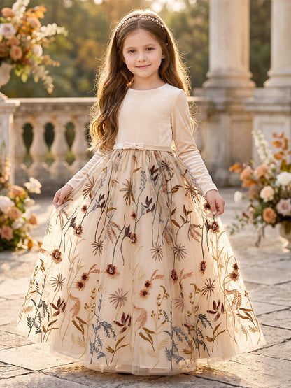 A-Line/Princess Scoop Long Sleeves Velvet Floor-Length Flower Girl Dresses with Embroidery