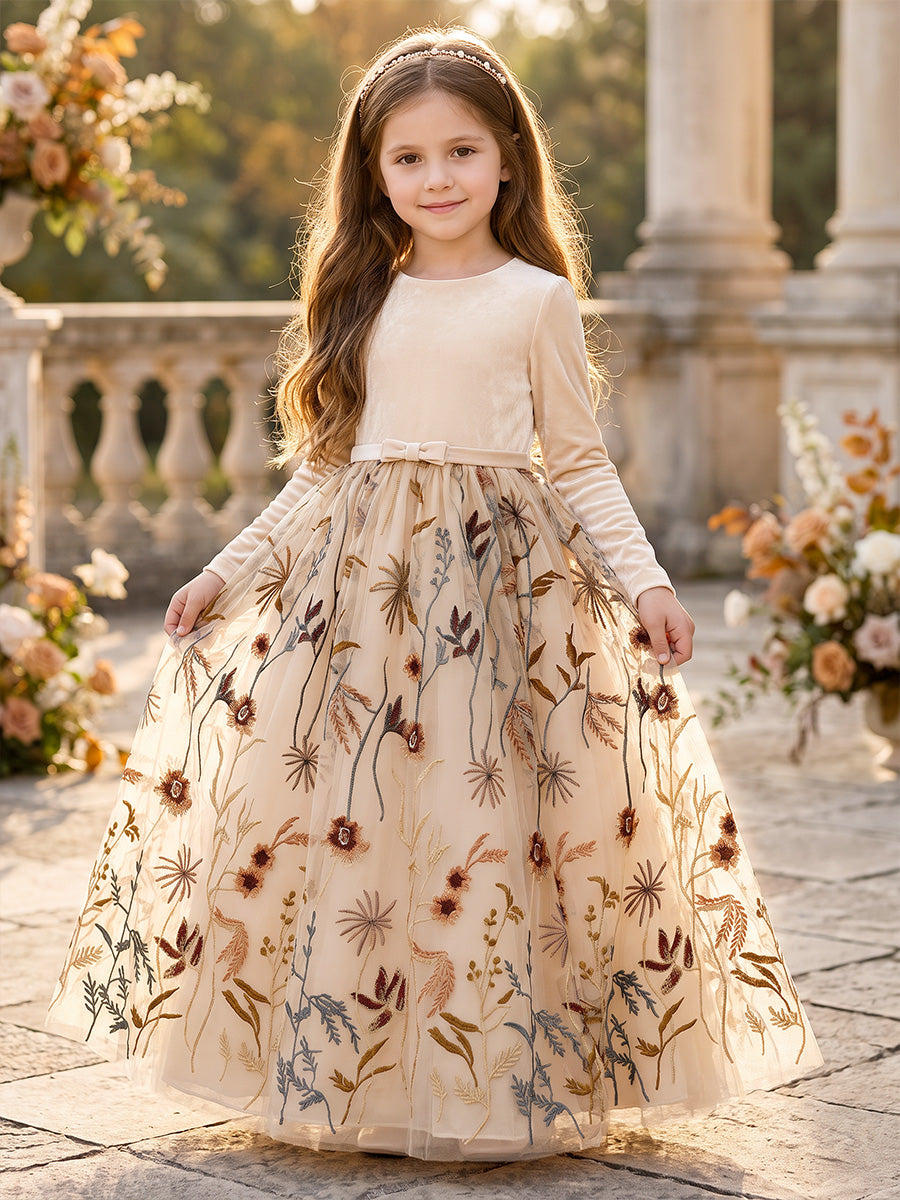 A-Line/Princess Scoop Long Sleeves Velvet Floor-Length Flower Girl Dresses with Embroidery