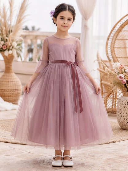 A-Line/Princess Scoop Half Sleeves Tulle Ankle-Length Flower Girl Dresses with Belt