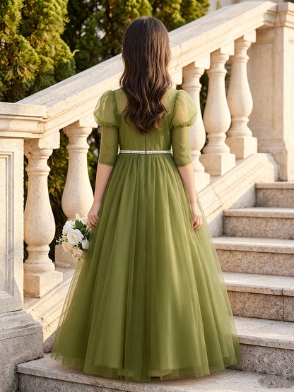 A-Line/Princess Scoop Half Sleeves Tulle Floor-Length Flower Girl Dresses with Belt