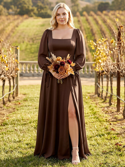 A-Line/Princess Square Neck Long Sleeves Satin Floor-Length Plus Size Bridesmaid Dresses with Bowknots