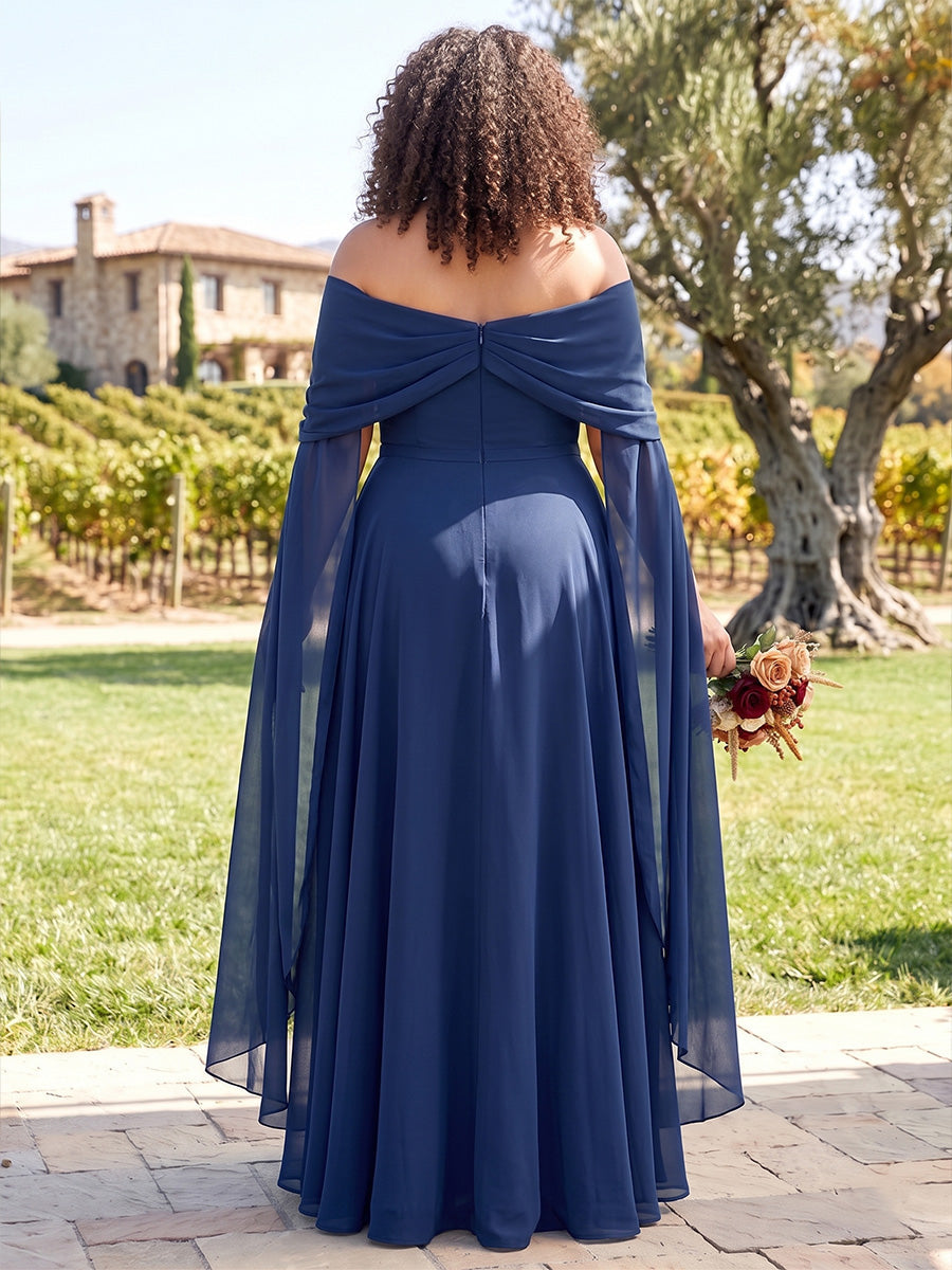 A-Line/Princess Off-the-Shoulder Short Sleeves Chiffon Floor-Length Plus Size Bridesmaid Dresses with Pleats