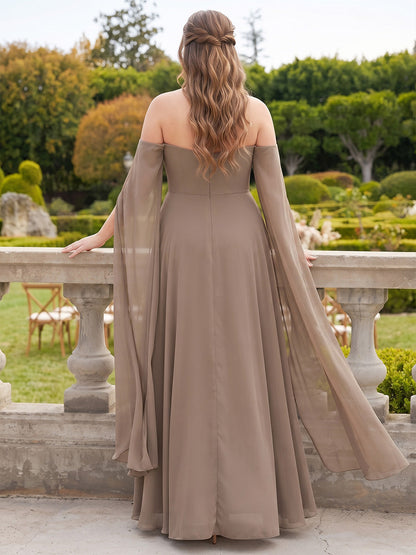 A-Line/Princess Off-the-Shoulder Sleeveless Chiffon Floor-Length Plus Size Bridesmaid Dresses with Watteau Train