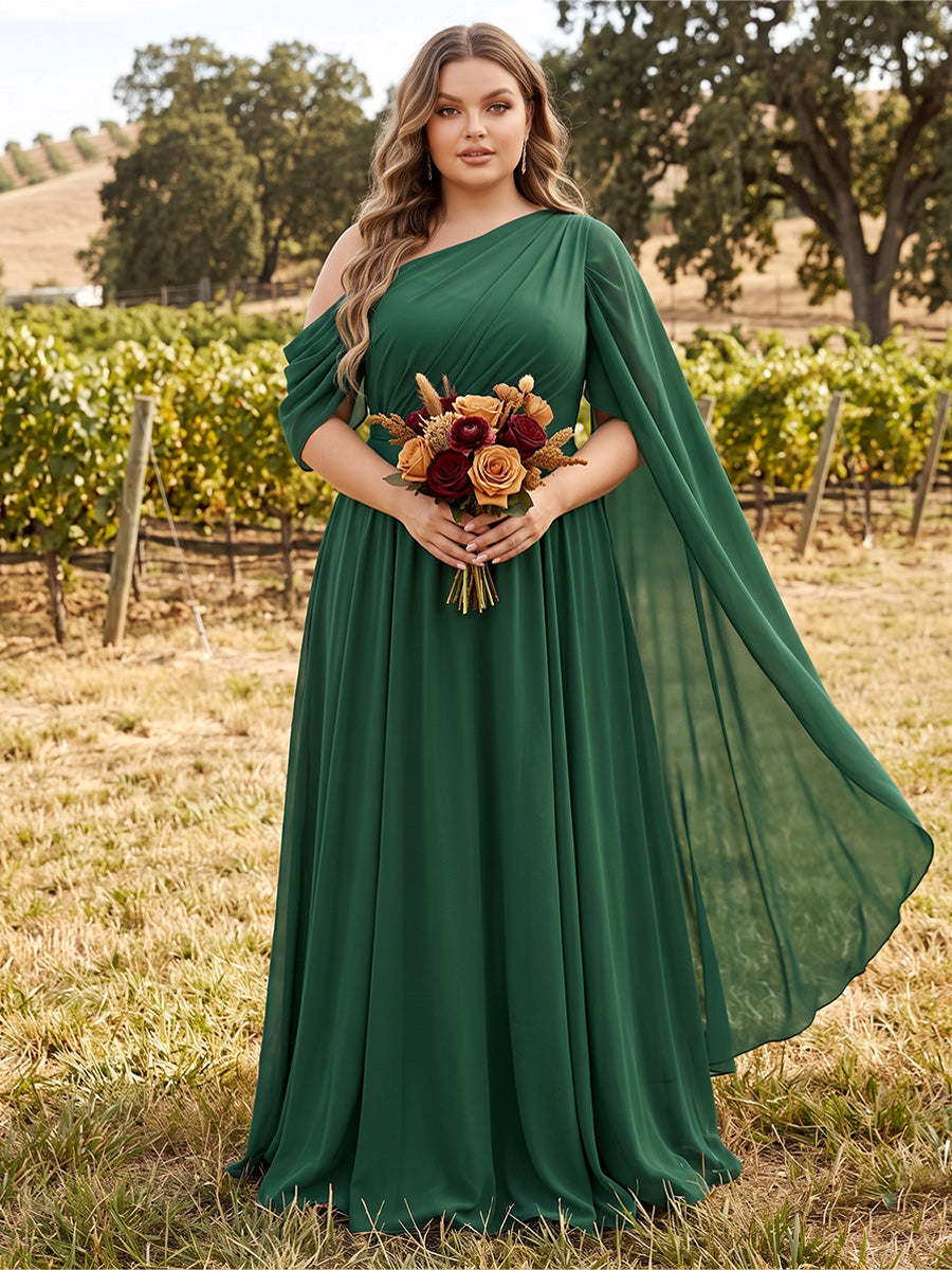 A-Line/Princess One-Shoulder Sleeveless Chiffon Floor-Length Plus Size Bridesmaid Dresses with Shawl