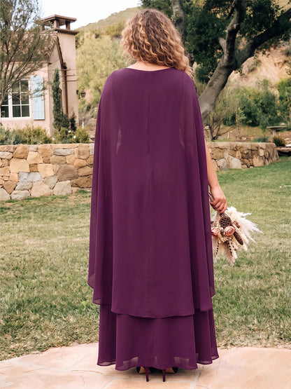 A-Line/Princess Crew Neck Sleeveless Chiffon Floor-Length Plus Size Bridesmaid Dresses with Watteau Train