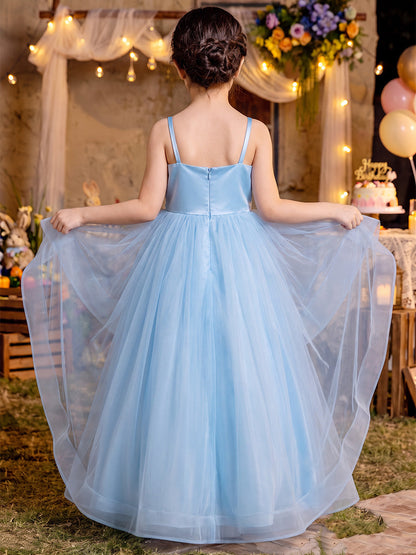 A-Line/Princess Spaghetti Straps Sleeveless Tulle Floor-Length Flower Girl Dresses with 3D Flower & Ruffles