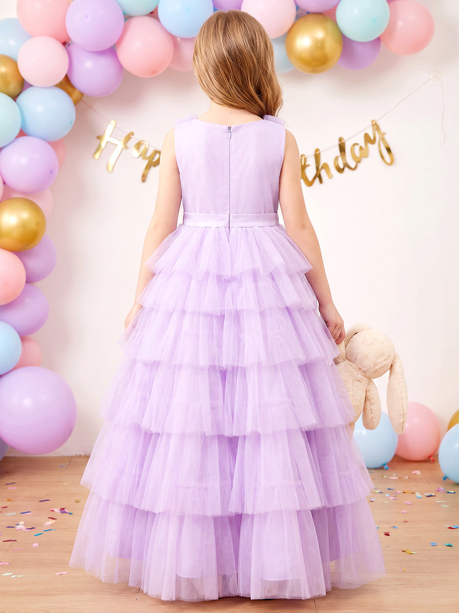 A-Line/Princess V-Neck Sleeveless Tulle Floor-Length Flower Girl Dresses with Ruffles&Tiered