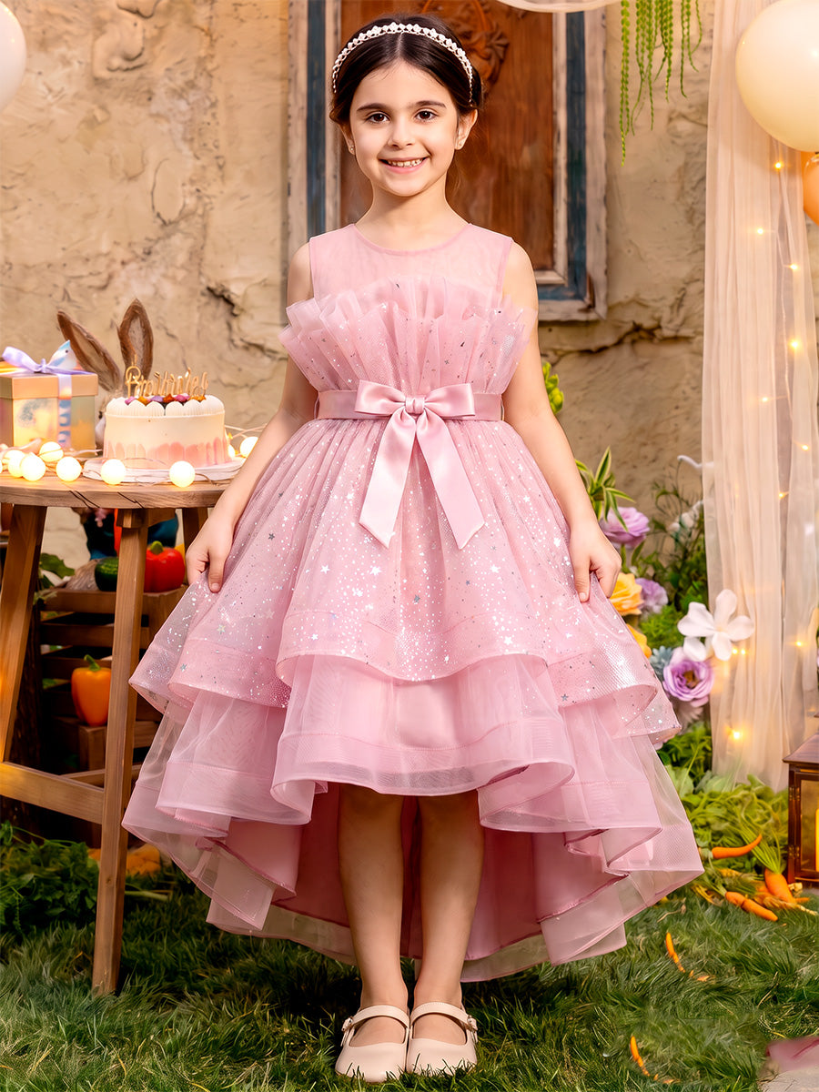 A-Line/Princess Scoop Sleeveless Sequin Asymmetrical Flower Girl Dresses with Sequins & Tiered