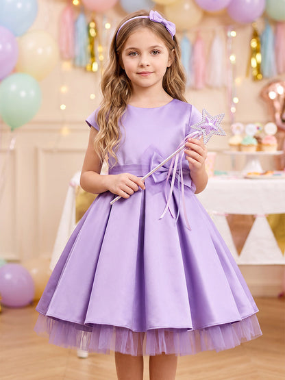A-Line/Princess Scoop Short Sleeves Satin Knee-Length Flower Girl Dresses with Bowknot