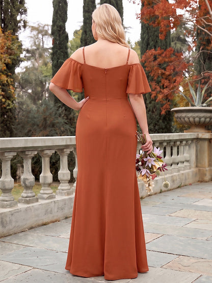 Sheath/Column Cold Shoulder Short Sleeves Chiffon Floor-Length Plus Size Bridesmaid Dresses with Pleats