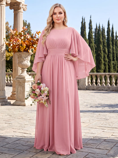 A-Line/Princess Scoop 3/4 Sleeves Chiffon Floor-Length Plus Size Bridesmaid Dresses with Pleats & Ruffles